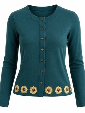 Bechamel | Vintage green 100% cotton sunflower trim button front sweater…